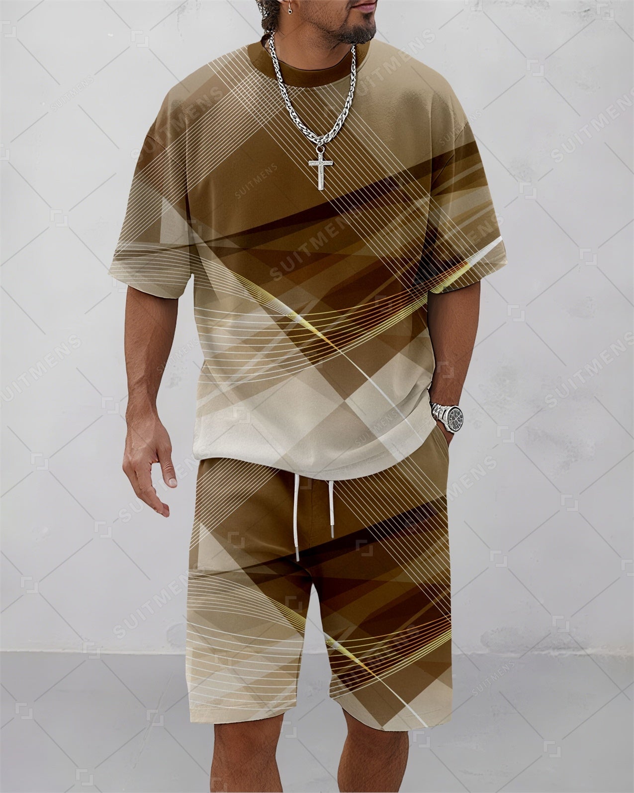 Men's Summer Colorblock Printed Round Neck Suit 089