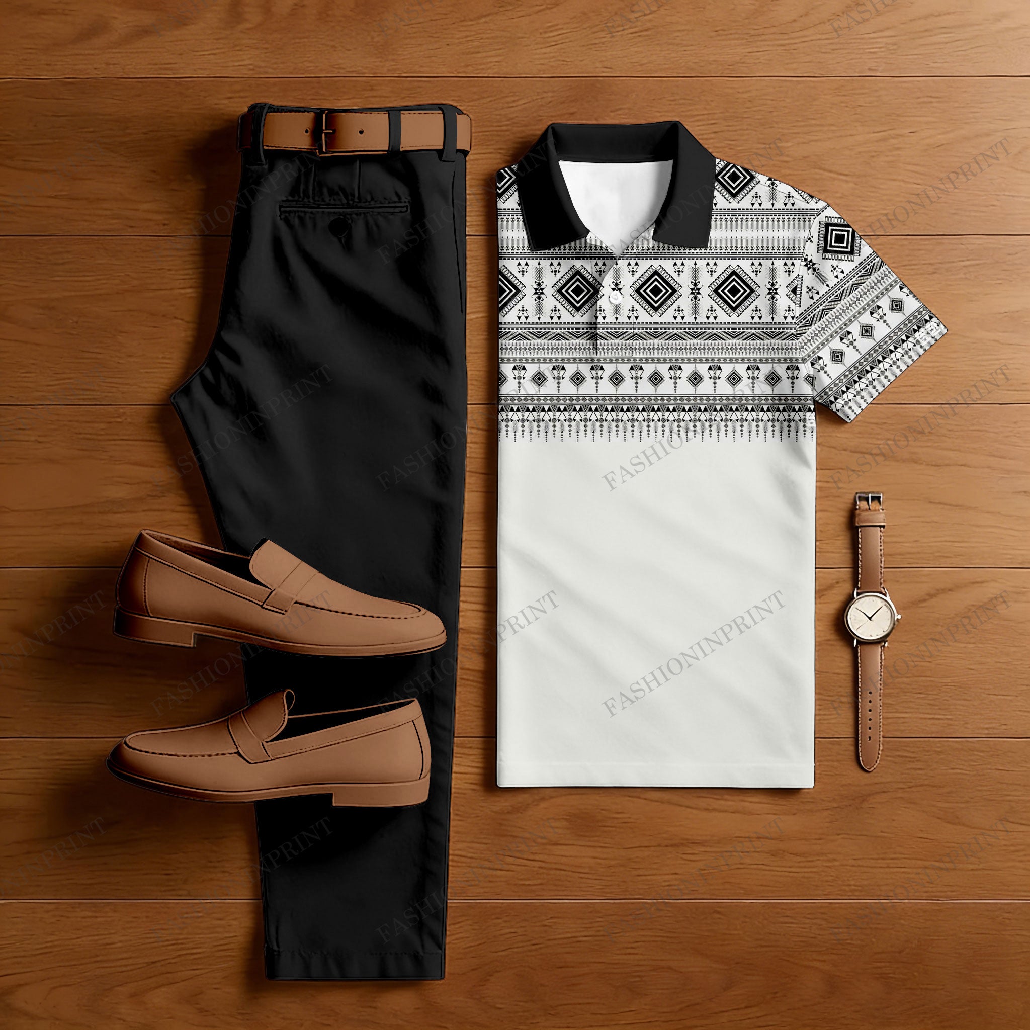 Men's Casual Color Matching Geometric Printed Short Sleeved Polo Shirt & Trousers Two-Piece Set