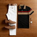 Men's Casual Black & Brown Color Matching Striped Retro Style Printed Short Sleeved Polo Shirt & White Trousers Two-Piece Set