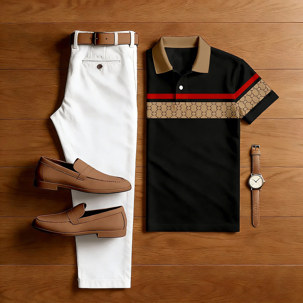 Men's Casual Black & Brown Color Matching Striped Retro Style Printed Short Sleeved Polo Shirt & White Trousers Two-Piece Set