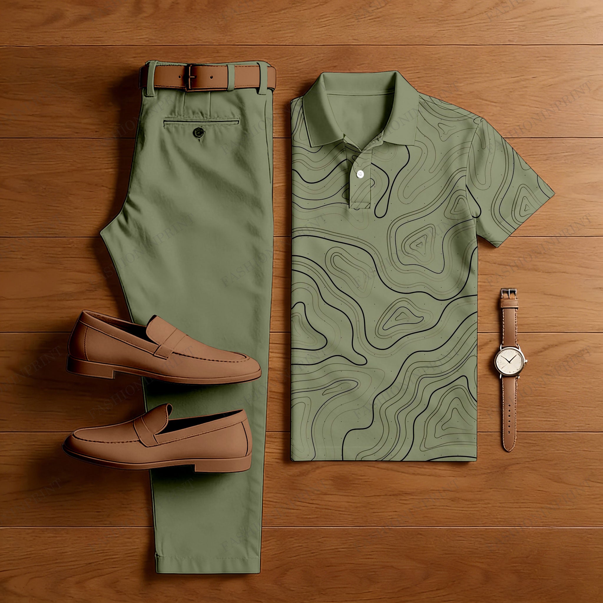 Men's Casual Arm Green Geometric Printed Short Sleeved Polo Shirt & Trousers Two-Piece Set