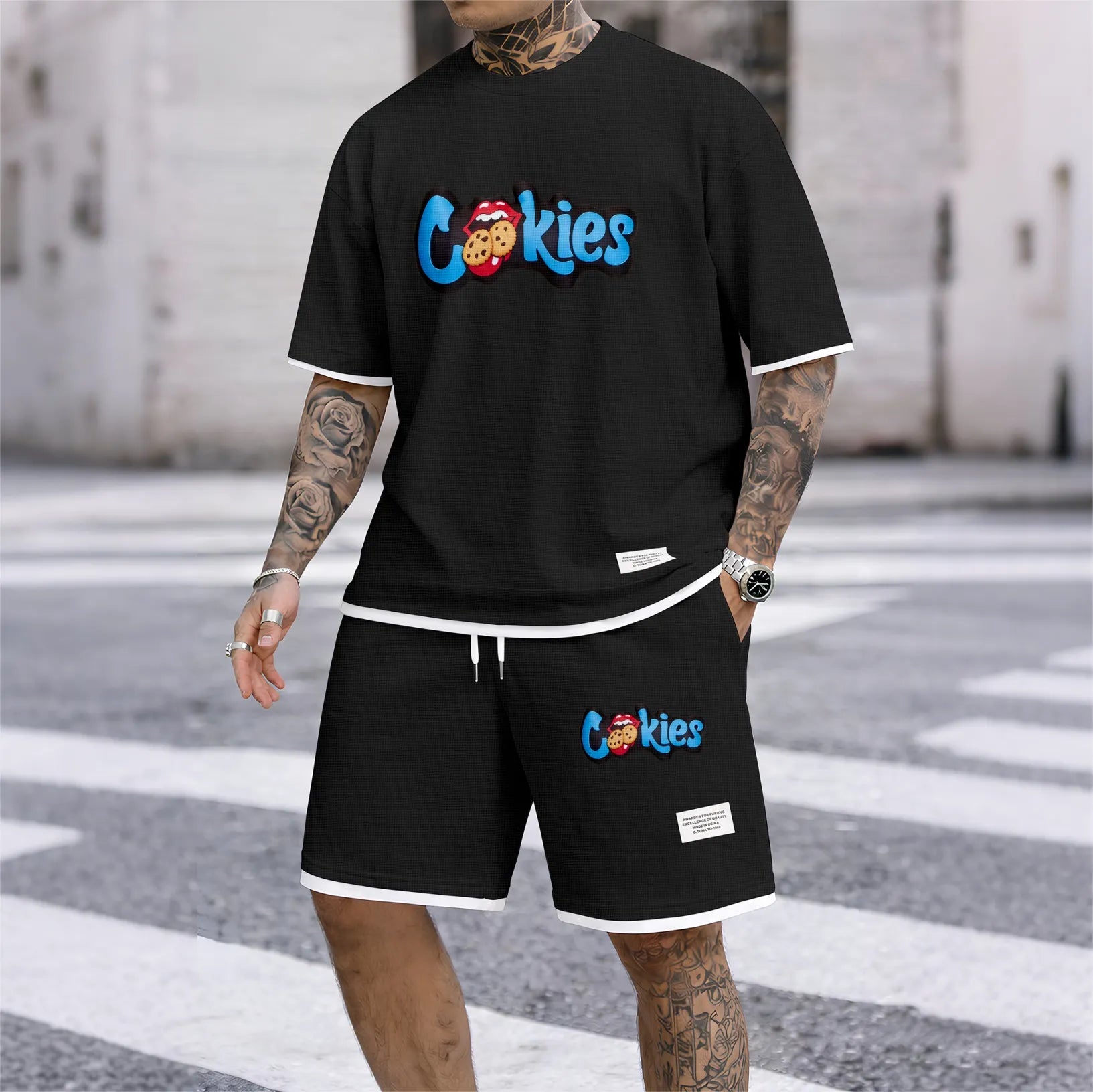 Men's cookie print drawstring shorts set is an ideal choice for spring and summer. This casual summer set includes a short-sleeved shirt and a pair of shorts, suitable for everyday wear and sports
