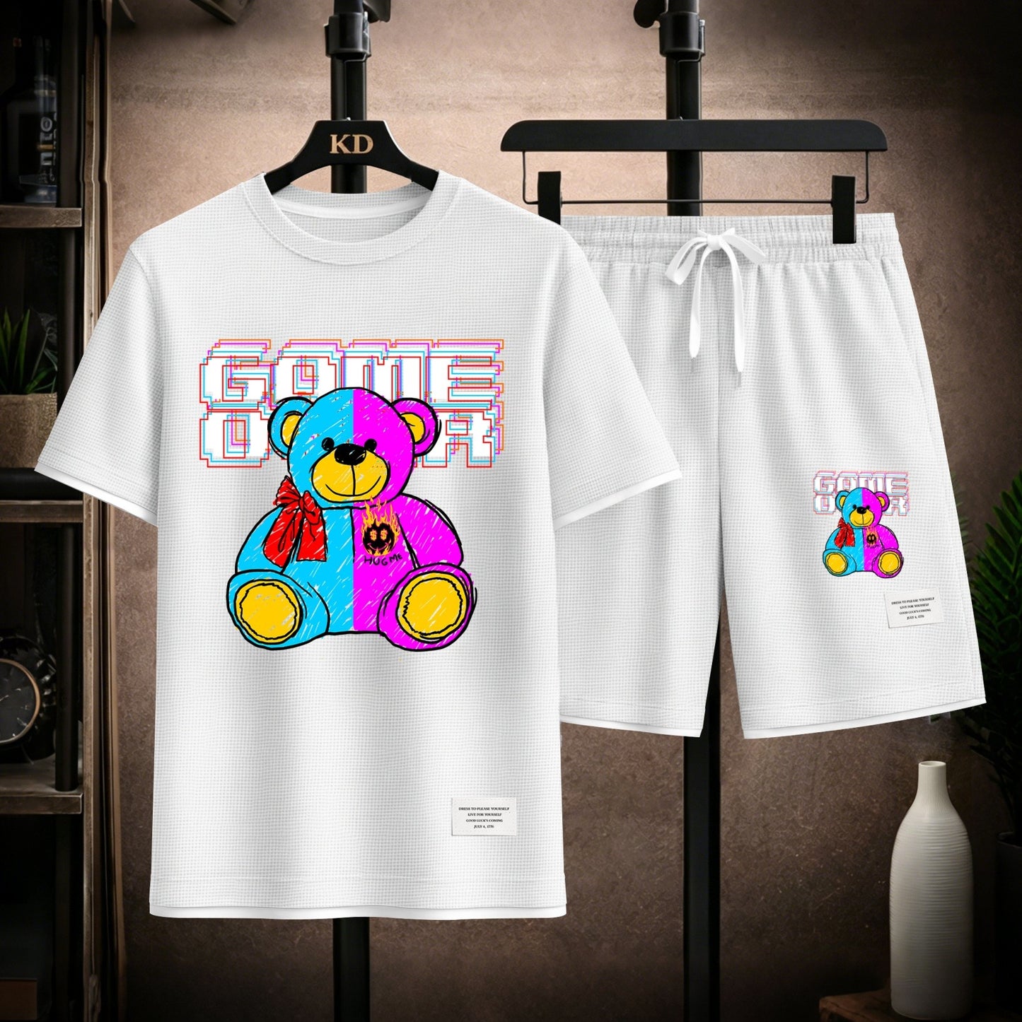 Men's Bear Graphic Print Short Sleeve Shirt and Drawstring Shorts Set, Casual Summer Two-Piece Outfit, Lightweight Breathable Relaxed Fit Athletic Set for Daily Wear, Beach, Vacation, Travel and Loungewear