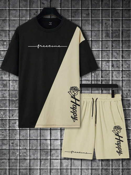 Manfinity LEGND Men's Color Block Letter Printed Short Sleeve T-Shirt And Shorts Set 603