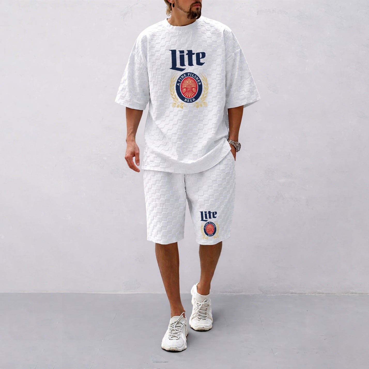 Men's Spring And Summer Vitality Beer Print With Red And Black Line Checkered Fabric Drawstring Shorts Set, Casual Summer Outfit With Short-Sleeved Shirt And Shorts, Ideal For Everyday Wear And Sports Activities
