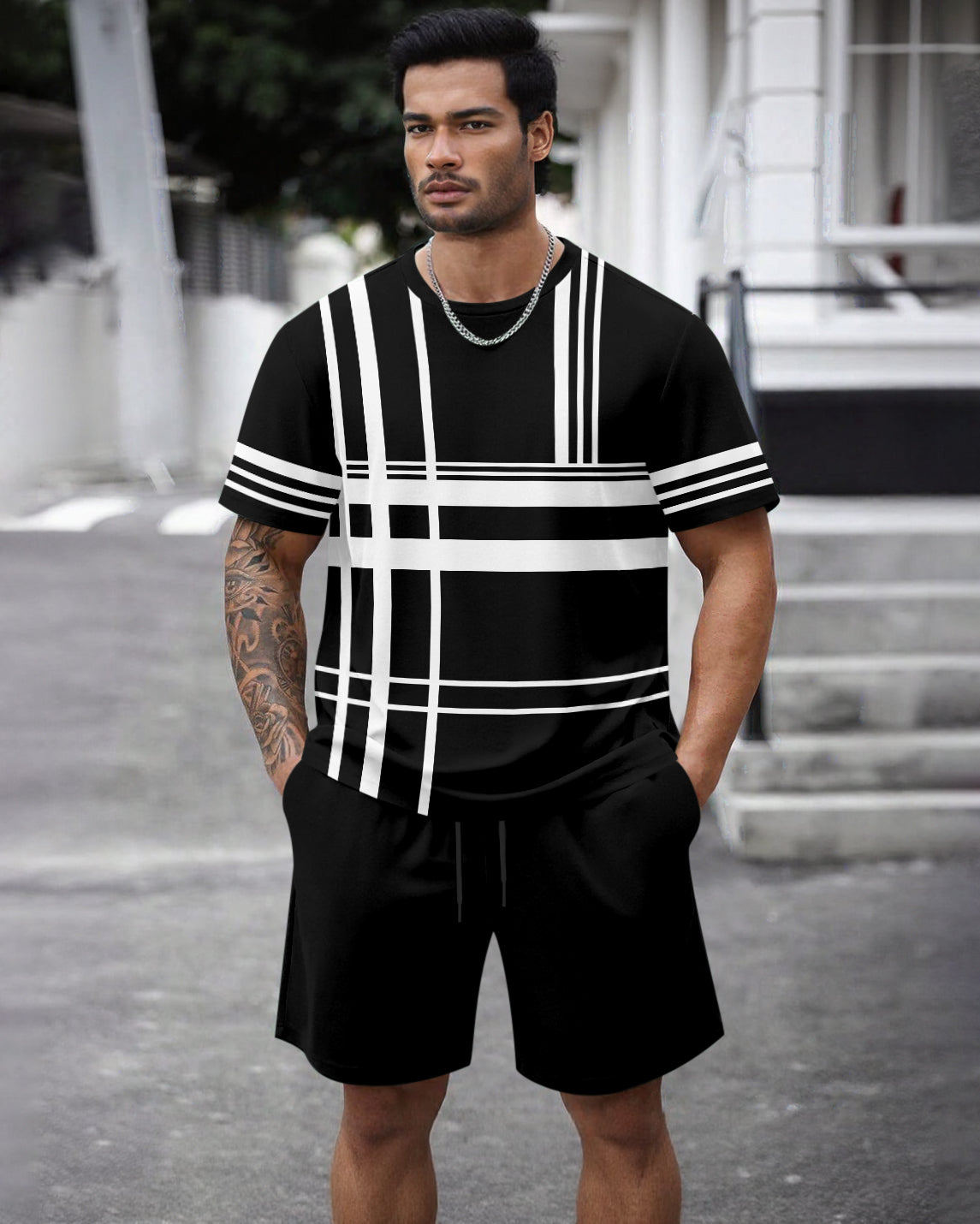 Men's Summer Colorblock Printed Round Neck Set 464