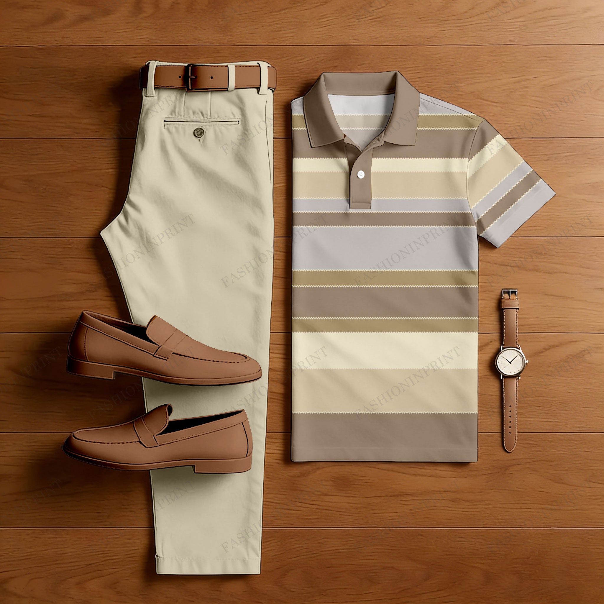 Men's Casual Apricot Geometry Printed Polo Shirt And Trousers Two-Piece Set