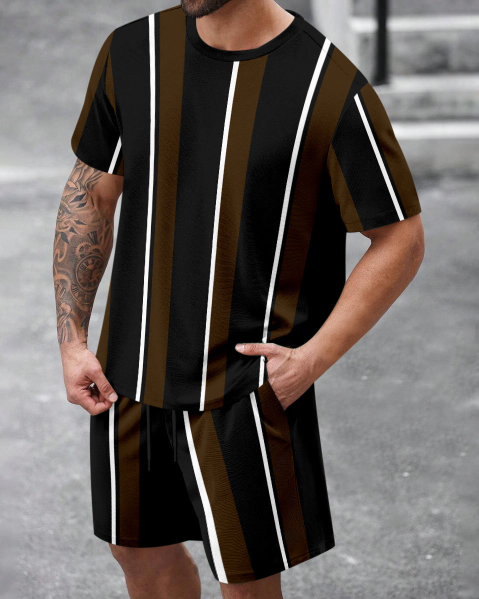 Men's Summer Colorblock Printed Round Neck Set 460