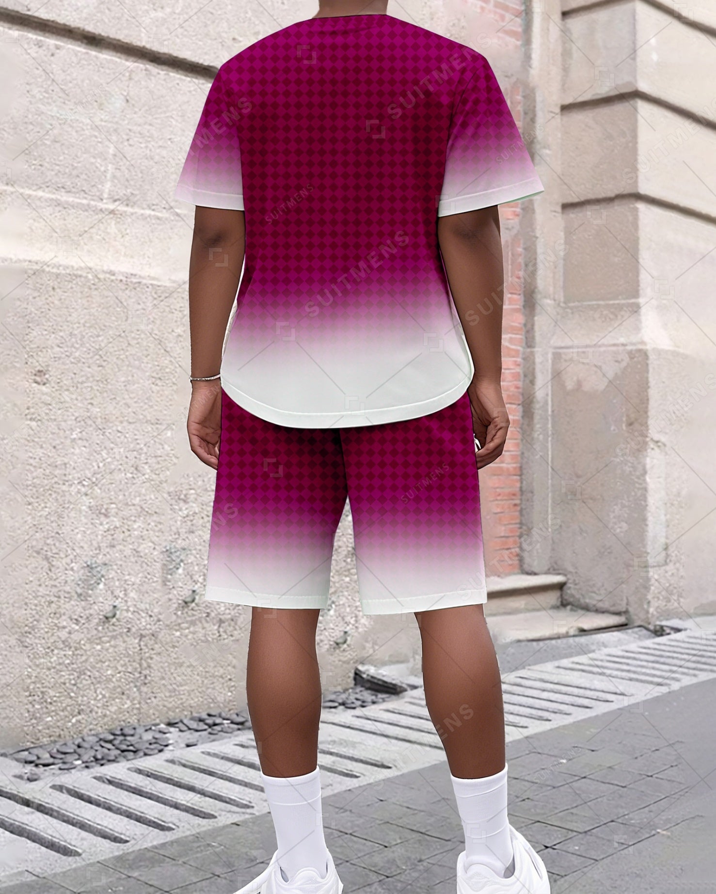 Men's Summer Colorblock Plaid Gradient Print Round Neck Suit 044