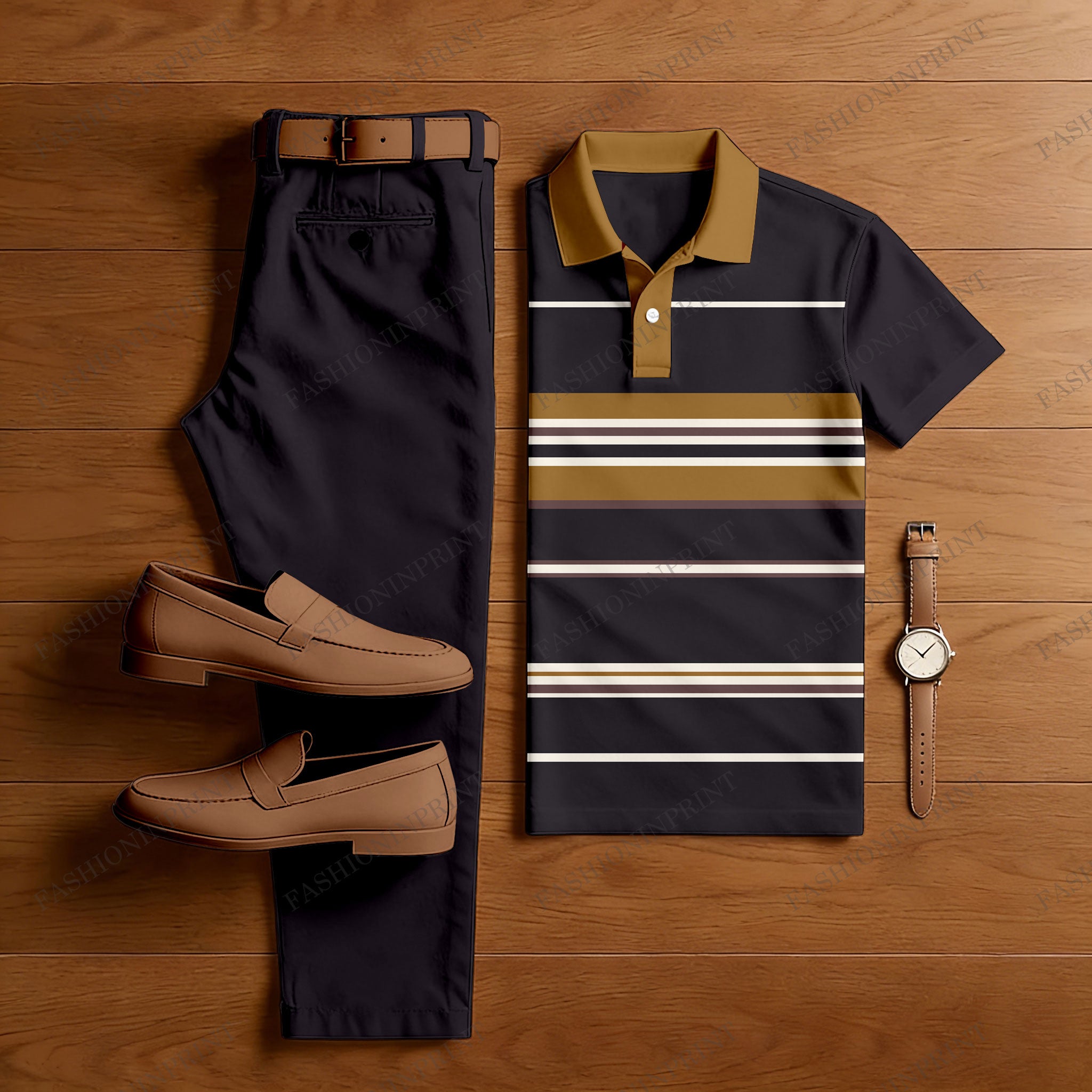 Men's Casual Black & Ginger Color Matching Striped Printed Short Sleeved Polo Shirt & Trousers Two-Piece Set