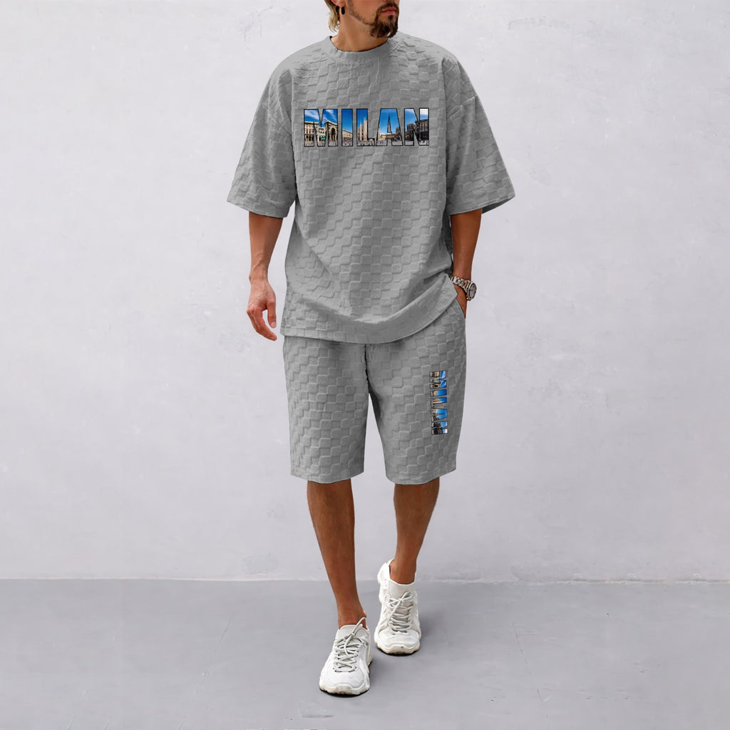 Men's Spring and Summer Milan Letter Print Checkered Fabric Drawstring Shorts Set, Casual Summer Outfit with Short-Sleeved Shirt and Shorts, Ideal for Everyday Wear and Sports Activities
