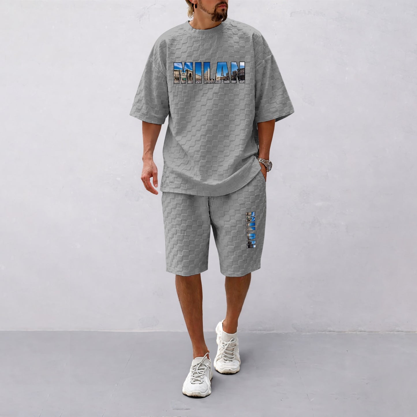 Men's Spring and Summer Milan Letter Print Checkered Fabric Drawstring Shorts Set, Casual Summer Outfit with Short-Sleeved Shirt and Shorts, Ideal for Everyday Wear and Sports Activities