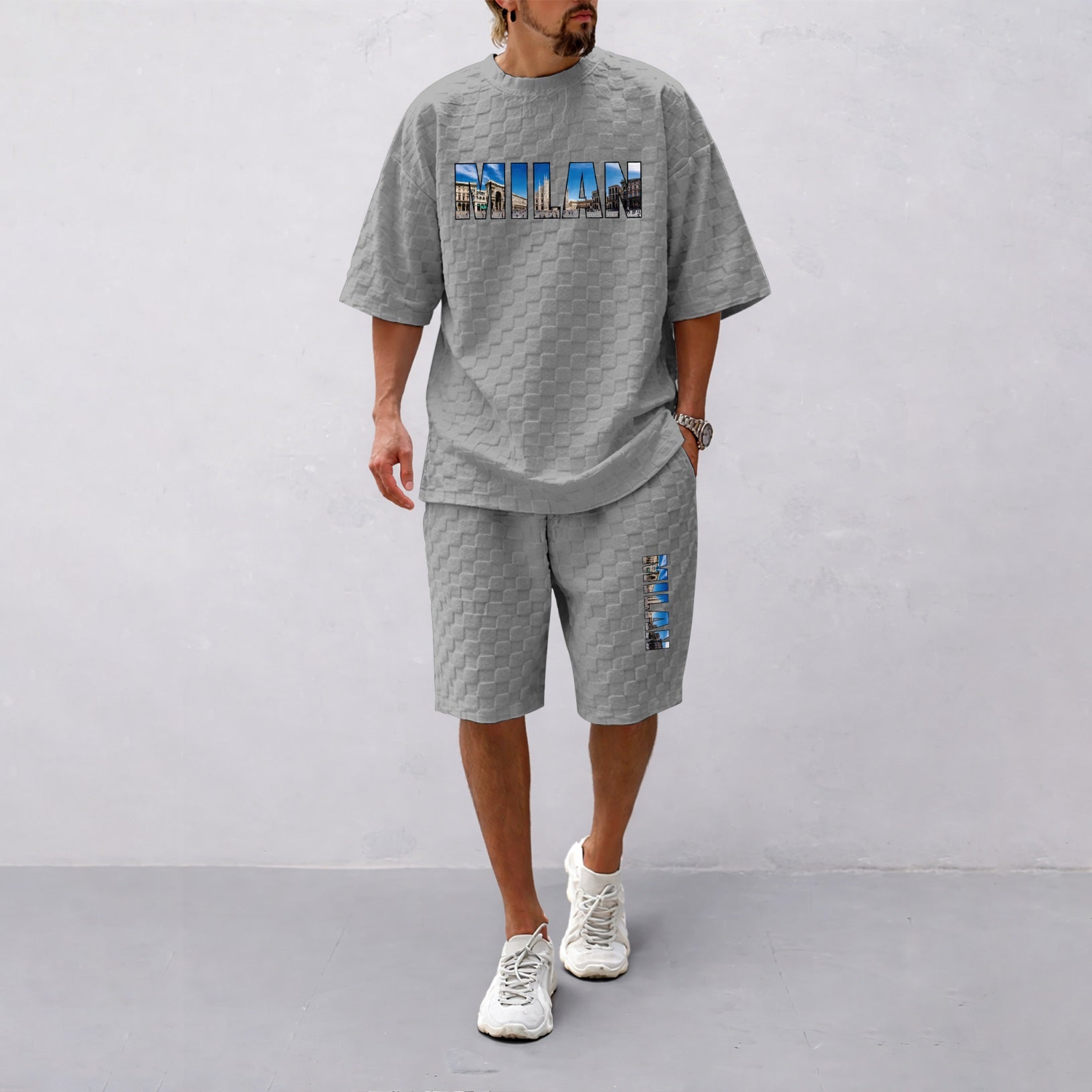 Men's Spring and Summer Milan Letter Print Checkered Fabric Drawstring Shorts Set, Casual Summer Outfit with Short-Sleeved Shirt and Shorts, Ideal for Everyday Wear and Sports Activities