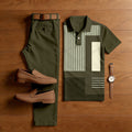 Men's Casual Army Green Color Matching Geometric Printed Short Sleeved Polo Shirt & Trousers Two-Piece Set