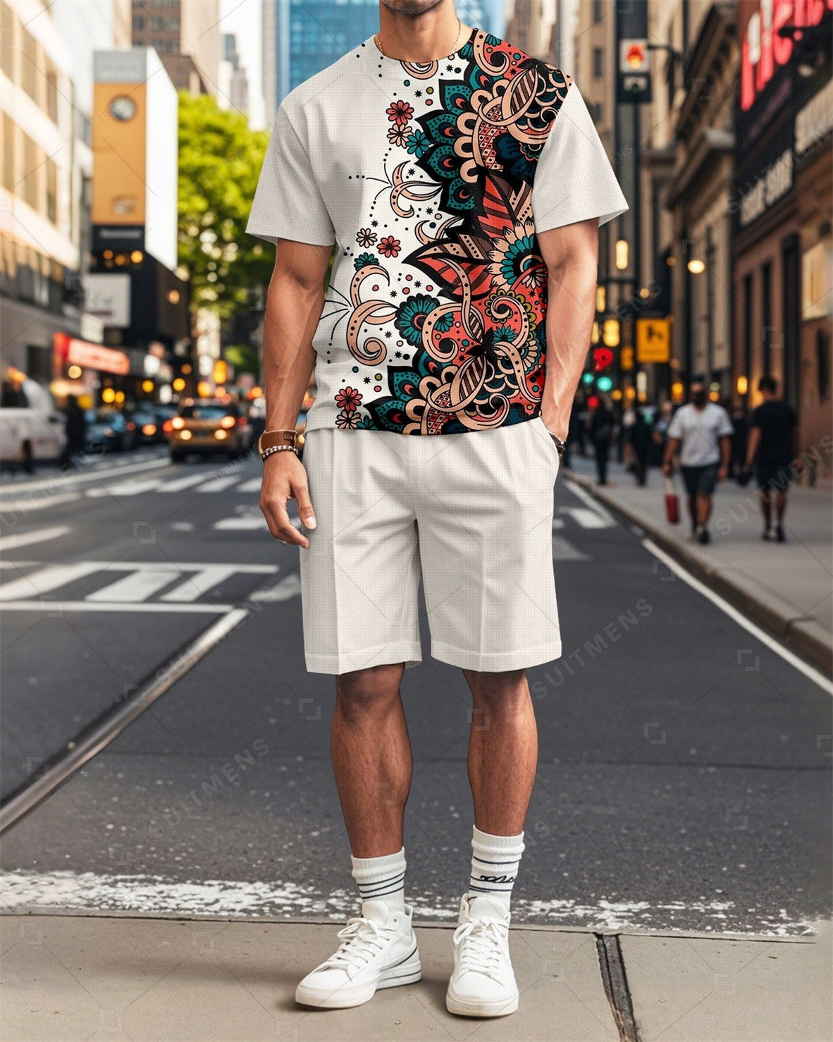 Men's Vintage Flowers Printed Summer Round Neck Set 2011