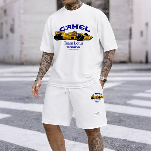 Men's Classic Racing Print Waffle Fabric Short-Sleeved Shirt And Shorts Set