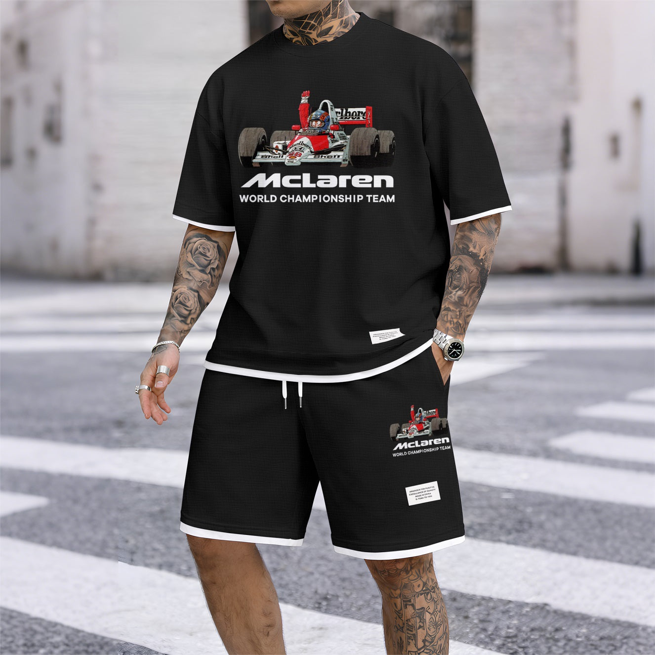 Men's Super Racing Print Waffle Fabric Short-Sleeved Shirt And Shorts Set