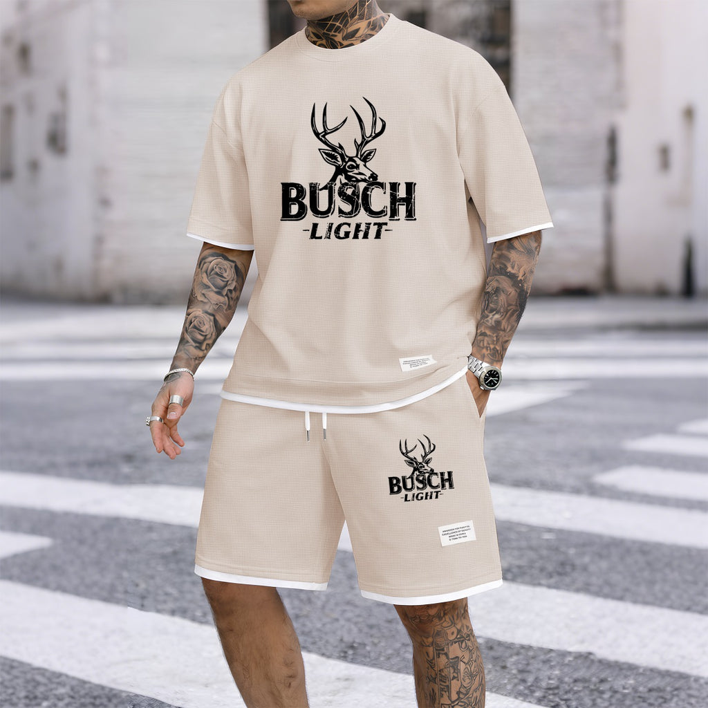 Men's Retro Outdoor Lifestyle Beer Print Waffle Fabric Short-Sleeved Shirt And Shorts Set