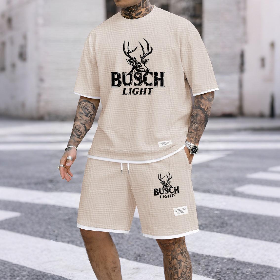 Men's Retro Outdoor Lifestyle Beer Print Waffle Fabric Short-Sleeved Shirt And Shorts Set