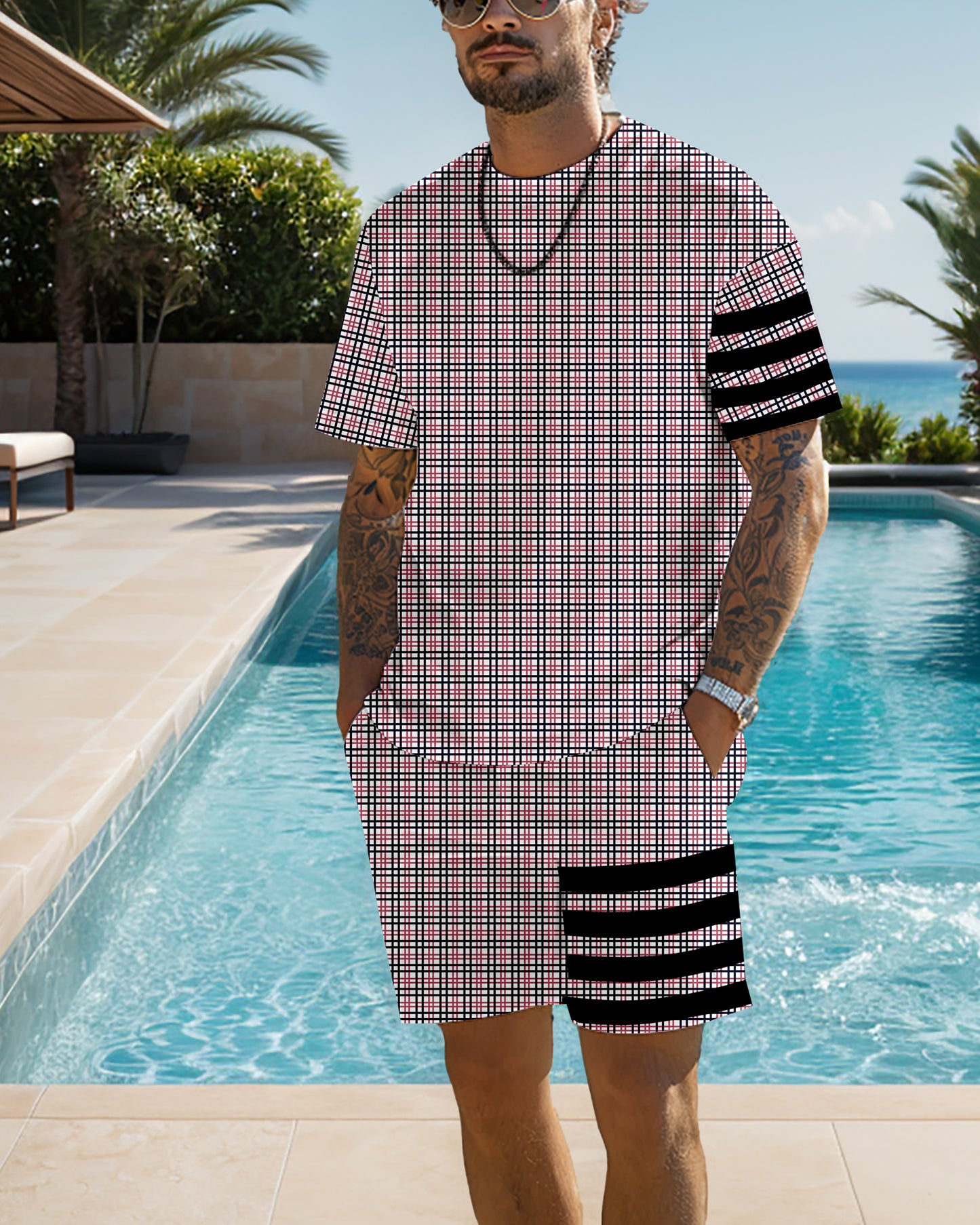 Men's casual plaid printed shorts Set 538