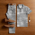 Men's Casual Gray Color Matching Retro Printed Short Sleeved Polo Shirt & Trousers Two-Piece Set