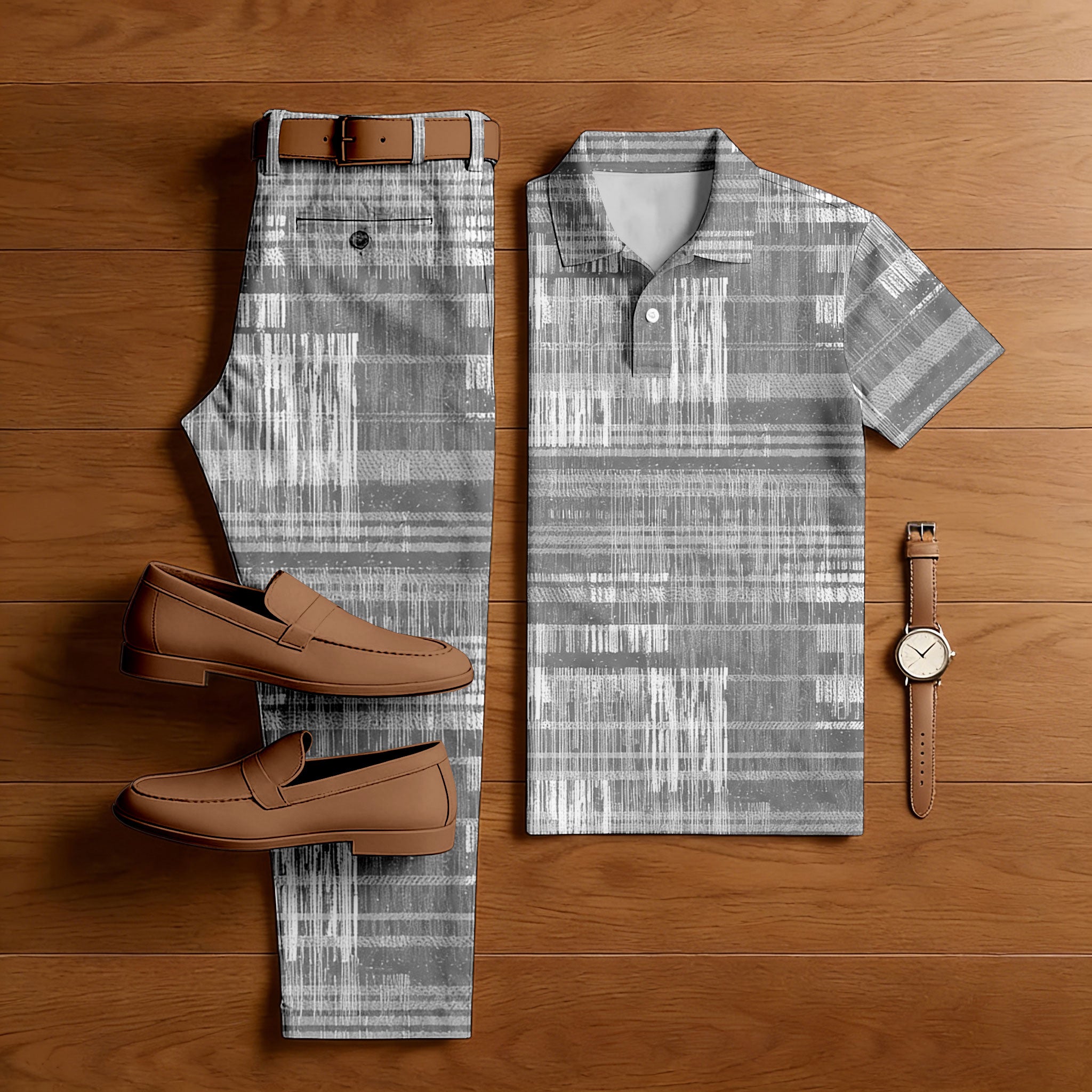 Men's Casual Gray Color Matching Retro Printed Short Sleeved Polo Shirt & Trousers Two-Piece Set