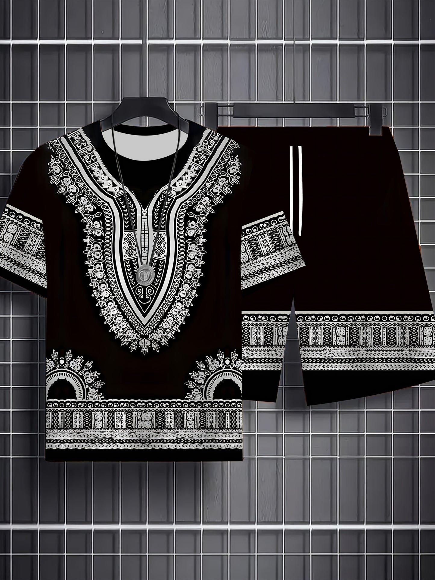 Men's Summer Retro Ethnic Print Round Neck Set 273
