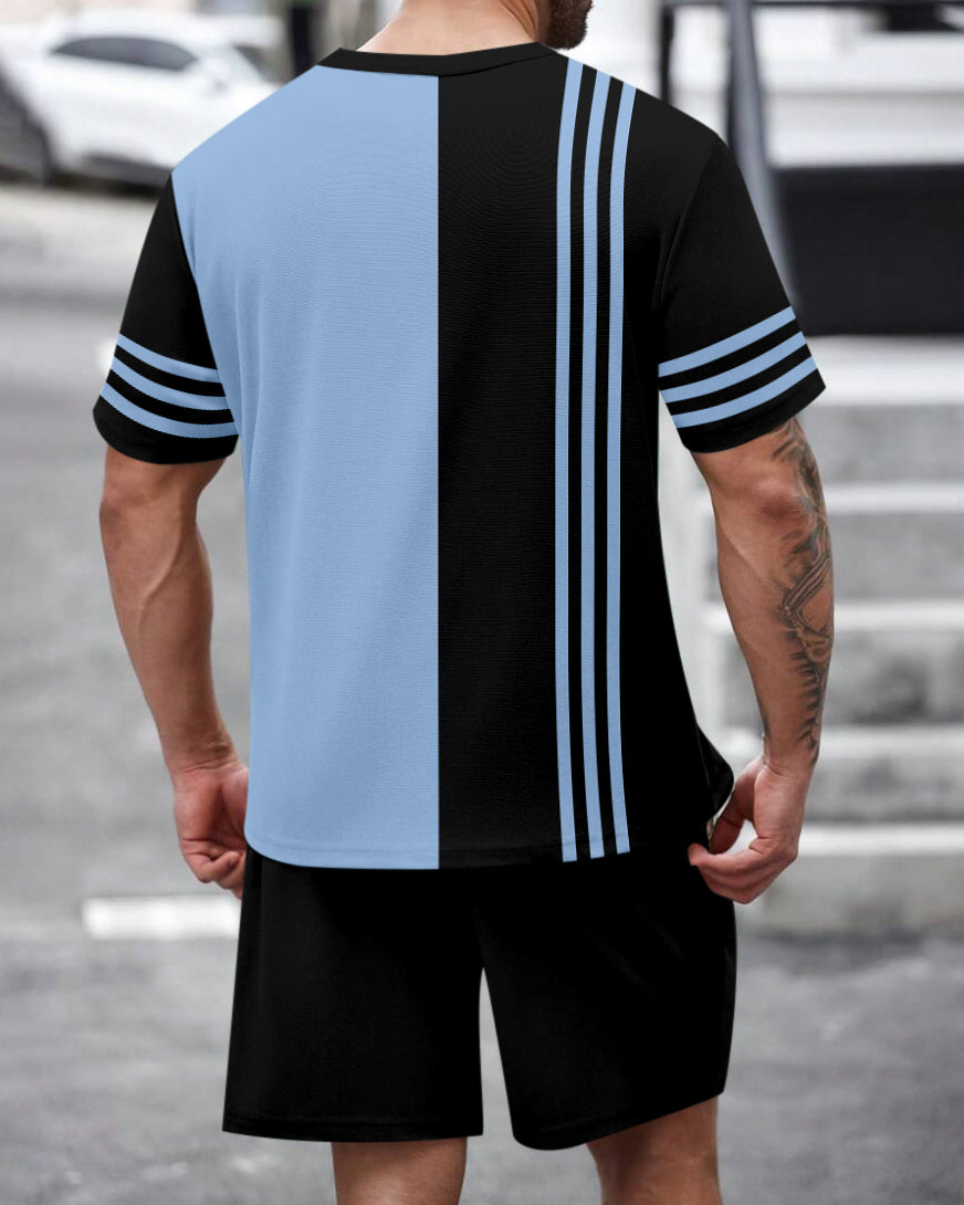 Men's Summer Colorblock Printed Round Neck Set 470
