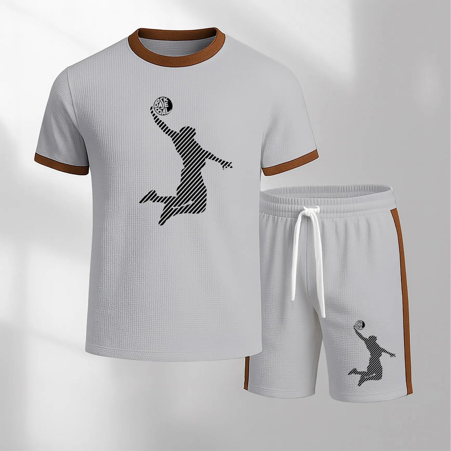 Men's Basketball Pattern Short-Sleeve T-Shirt and Drawstring Shorts Set, Men's Clothing, Casual Sporty Short-Sleeve Top and Shorts, Summer Men's Everyday Wear, Indoor and Outdoor Sportswear, Athletic Set