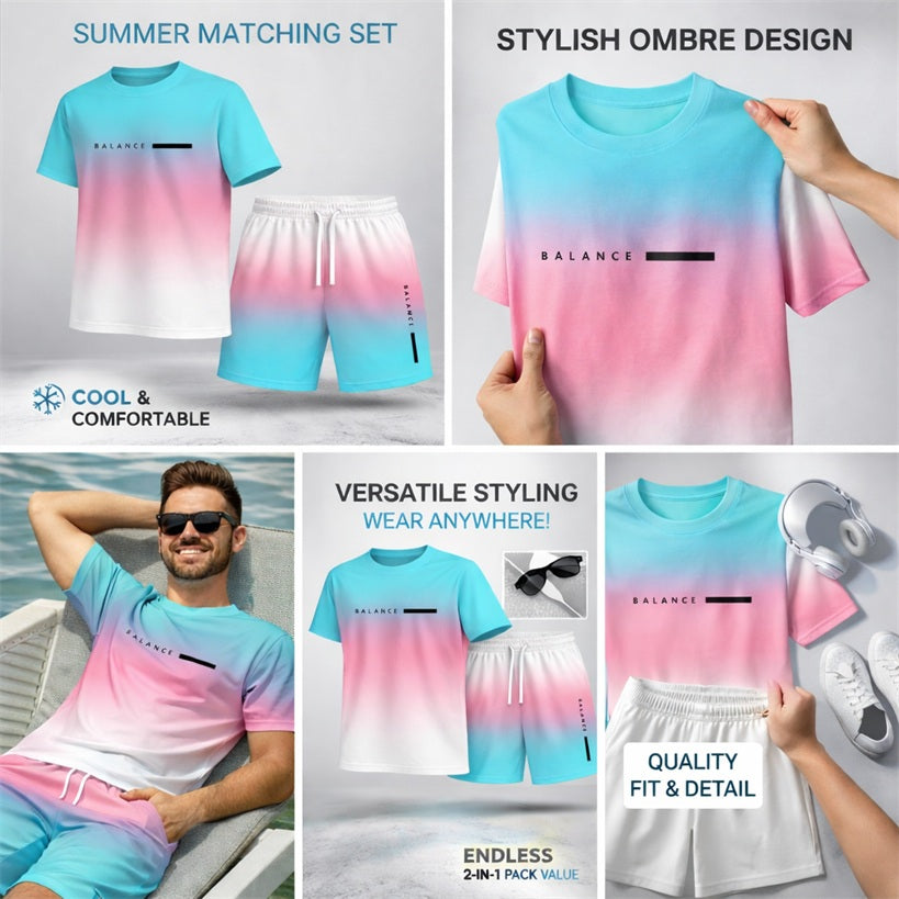 Men’s Summer 2 Piece Set, Gradient Color Short Sleeve T Shirt and Drawstring Shorts Matching Outfit, Lightweight Breathable Casual Set for Beach, Vacation, Gym, Travel, Running, and Daily Wear