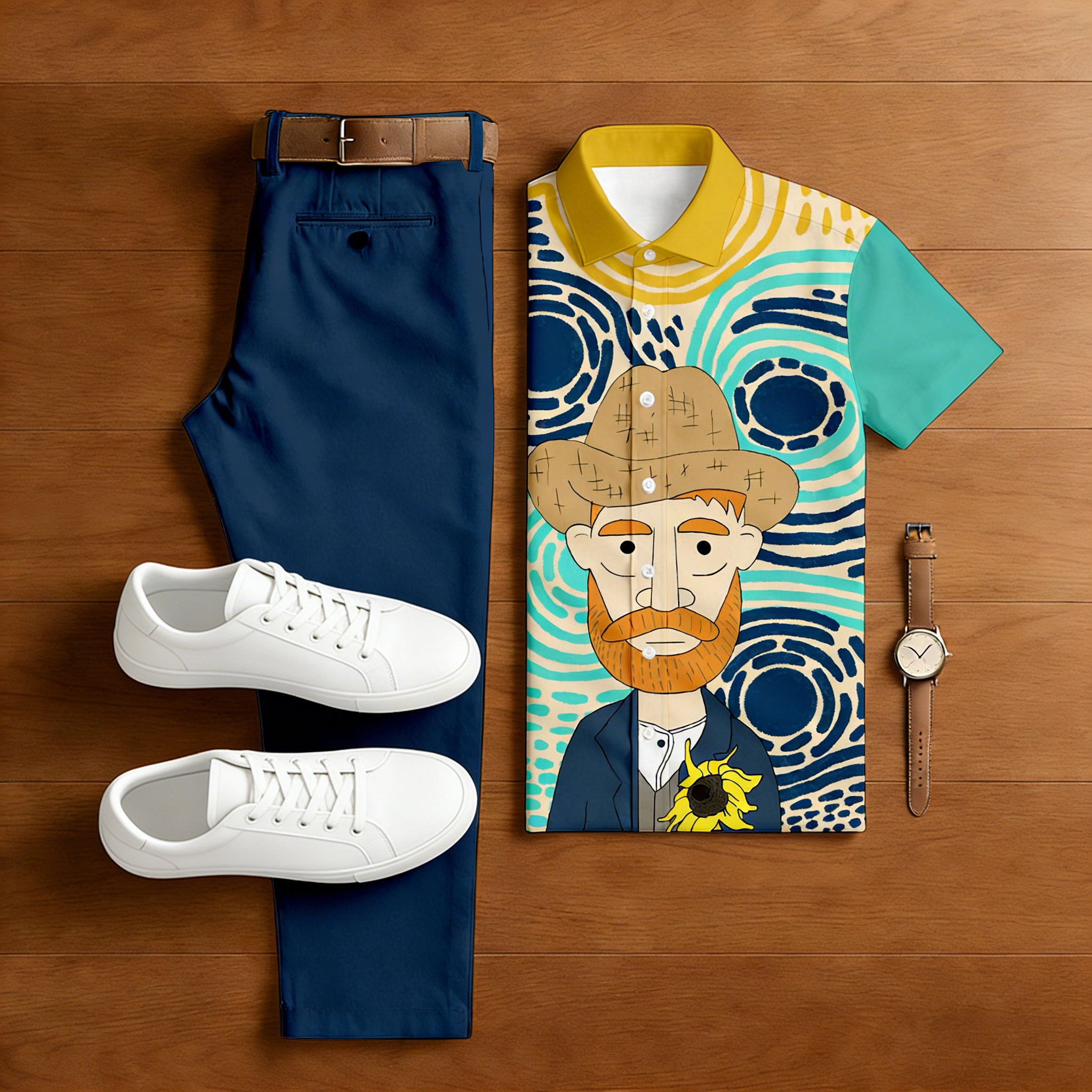 Men's Casual Contrasting Colors Printed Polo Shirt And Trousers Two-Piece Set