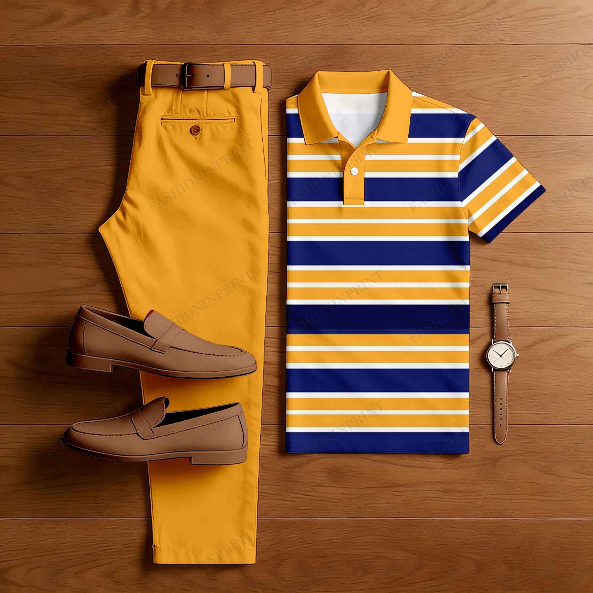 Men's Casual Ginge Yellow & Royal Blue Color Matching Striped Printed Short Sleeved Polo Shirt & Trousers Two-Piece Set