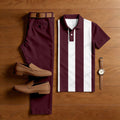 Men's Casual Burgundy & White Stripes Printed Polo Shirt And Pants Two-Piece Set206211
