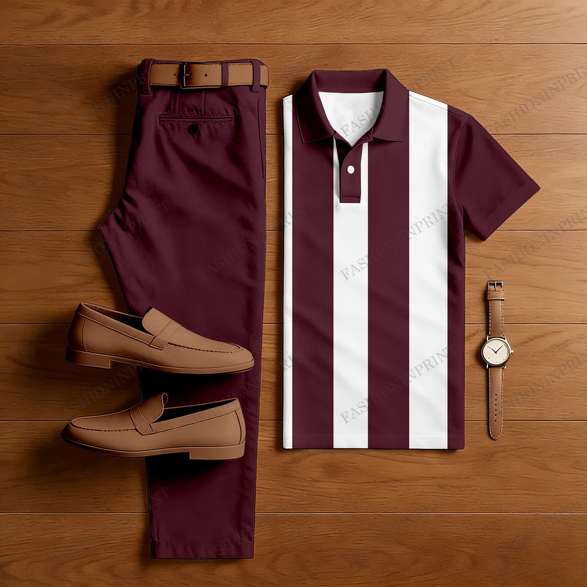 Men's Casual Burgundy & White Stripes Printed Polo Shirt And Pants Two-Piece Set206211