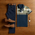 Men's Casual Black Printed Polo Shirt And Trousers Two-Piece Set
