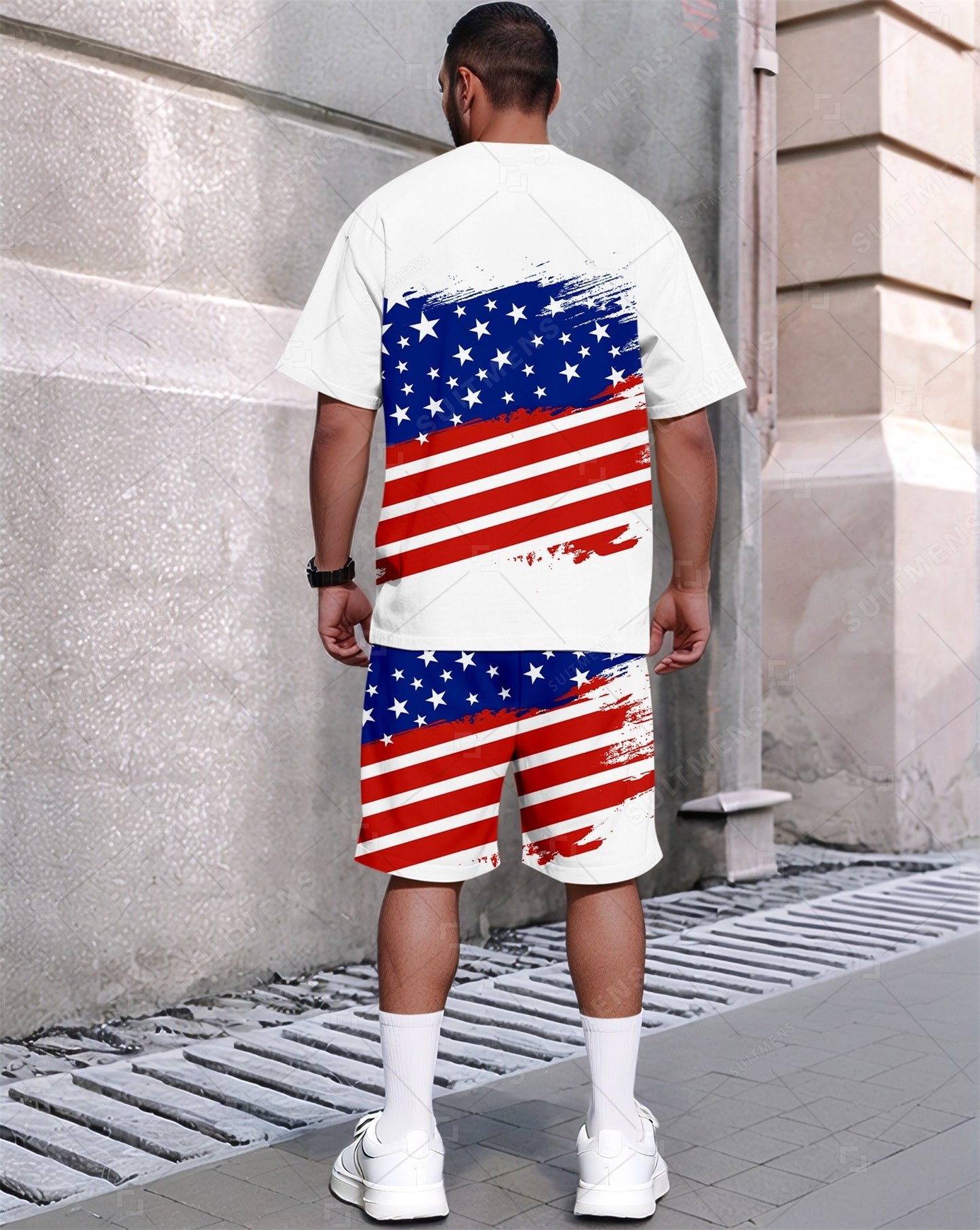 Men's Summer Independence Day Flag Printed Crew Neck Set 290