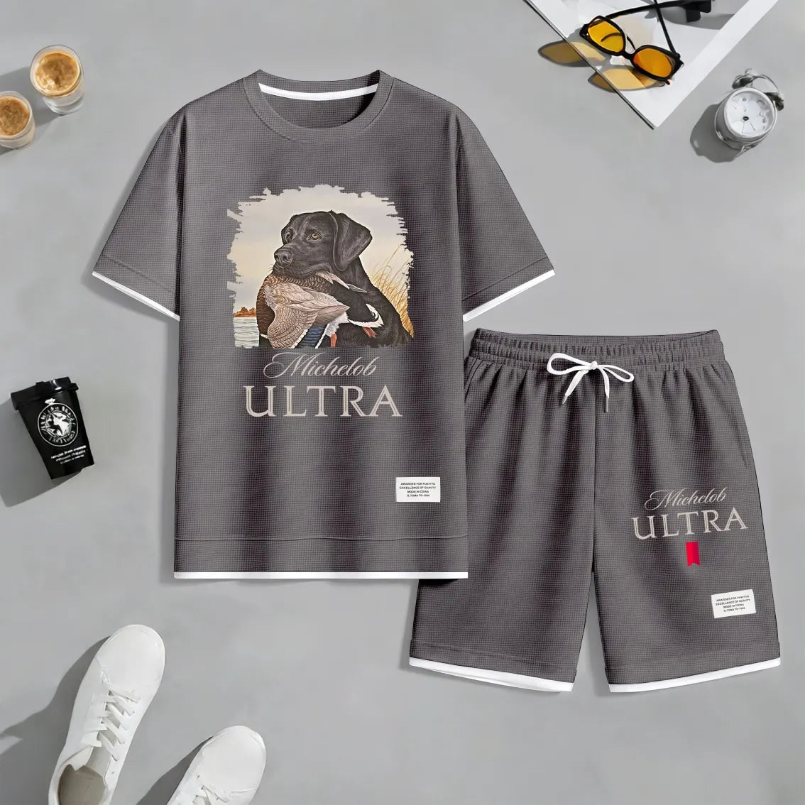 Men's Outdoor Hunting Black Dog Print Waffle Fabric Short-Sleeved Shirt And Shorts Set