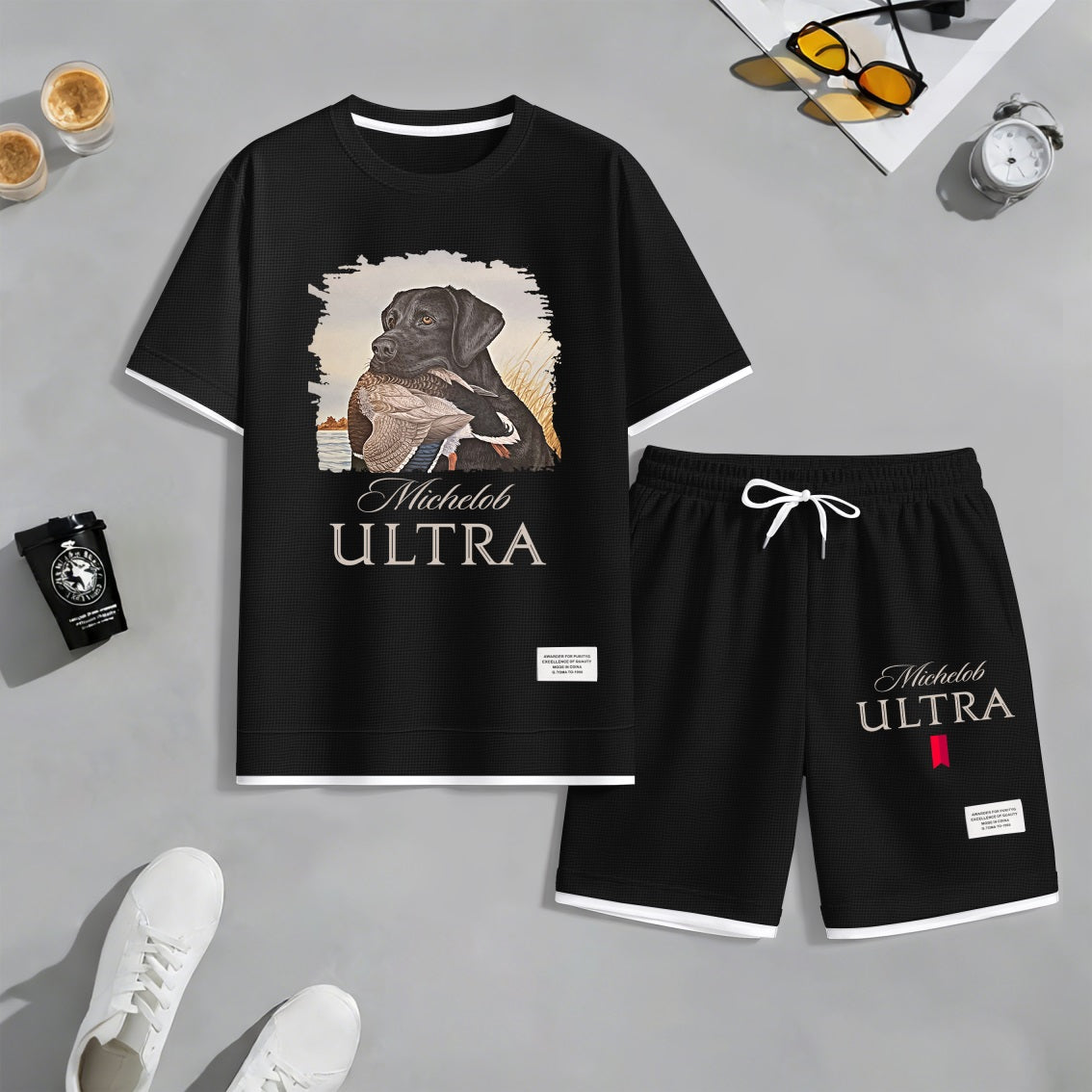 Men's Outdoor Hunting Black Dog Print Waffle Fabric Short-Sleeved Shirt And Shorts Set