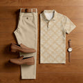 Men's Casual Apricot Plaid Printed Polo Shirt And Pants Two-Piece Set