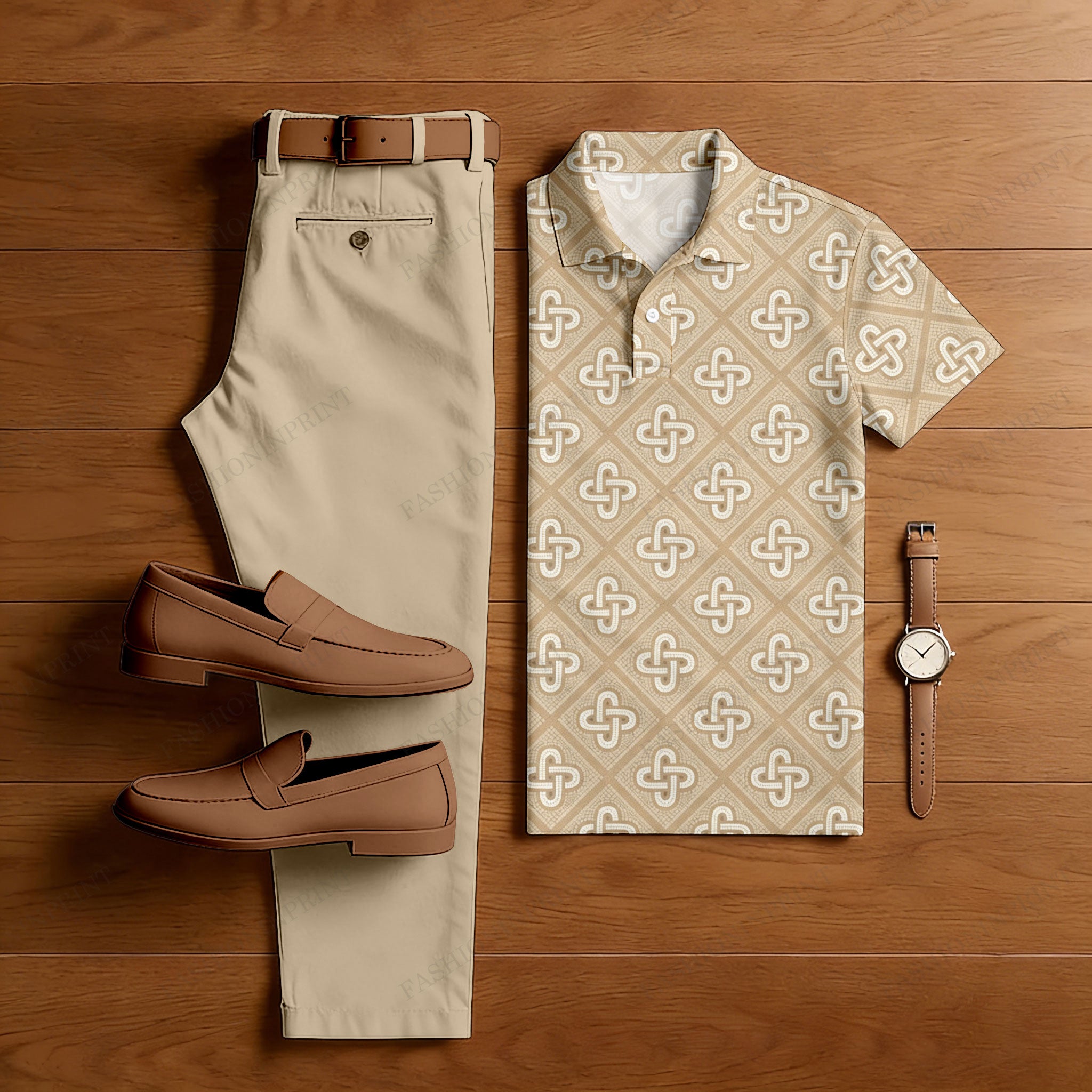 Men's Casual Apricot Plaid Printed Polo Shirt And Pants Two-Piece Set