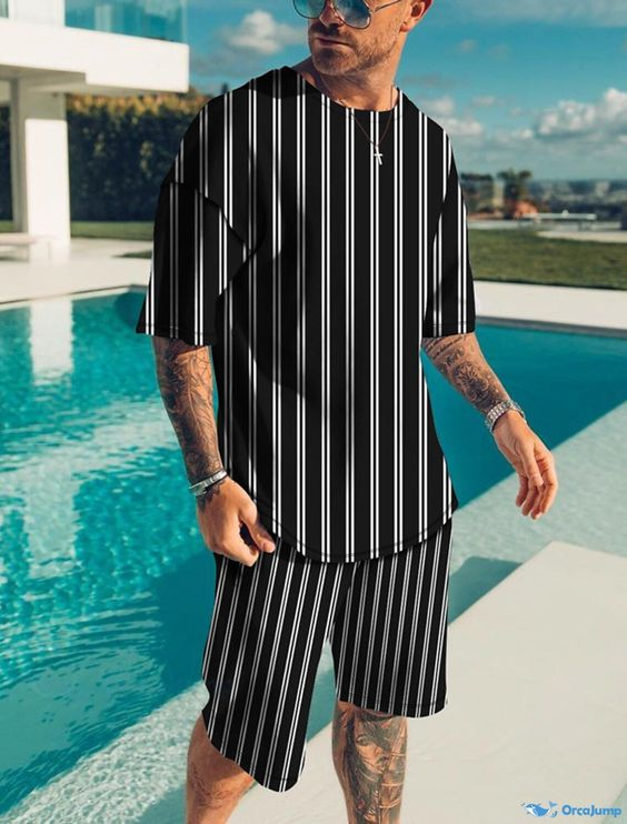 Suitmens Men's Vertical Stripe Print Shorts Suit