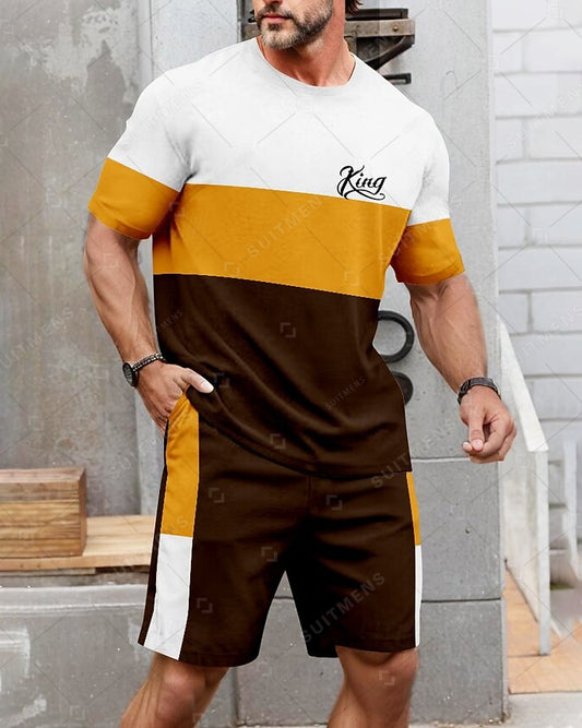 Men's Summer Color Matching Print Round Neck Set 231