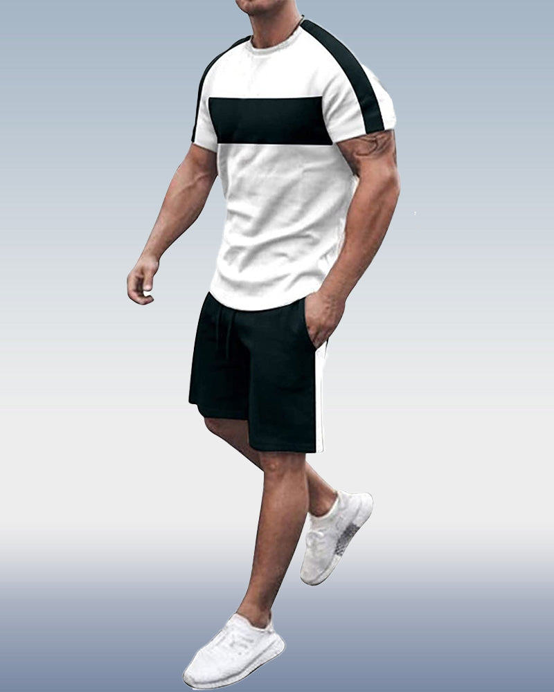 Suitmens Men's Simple Colorblock Print Shorts Set 077