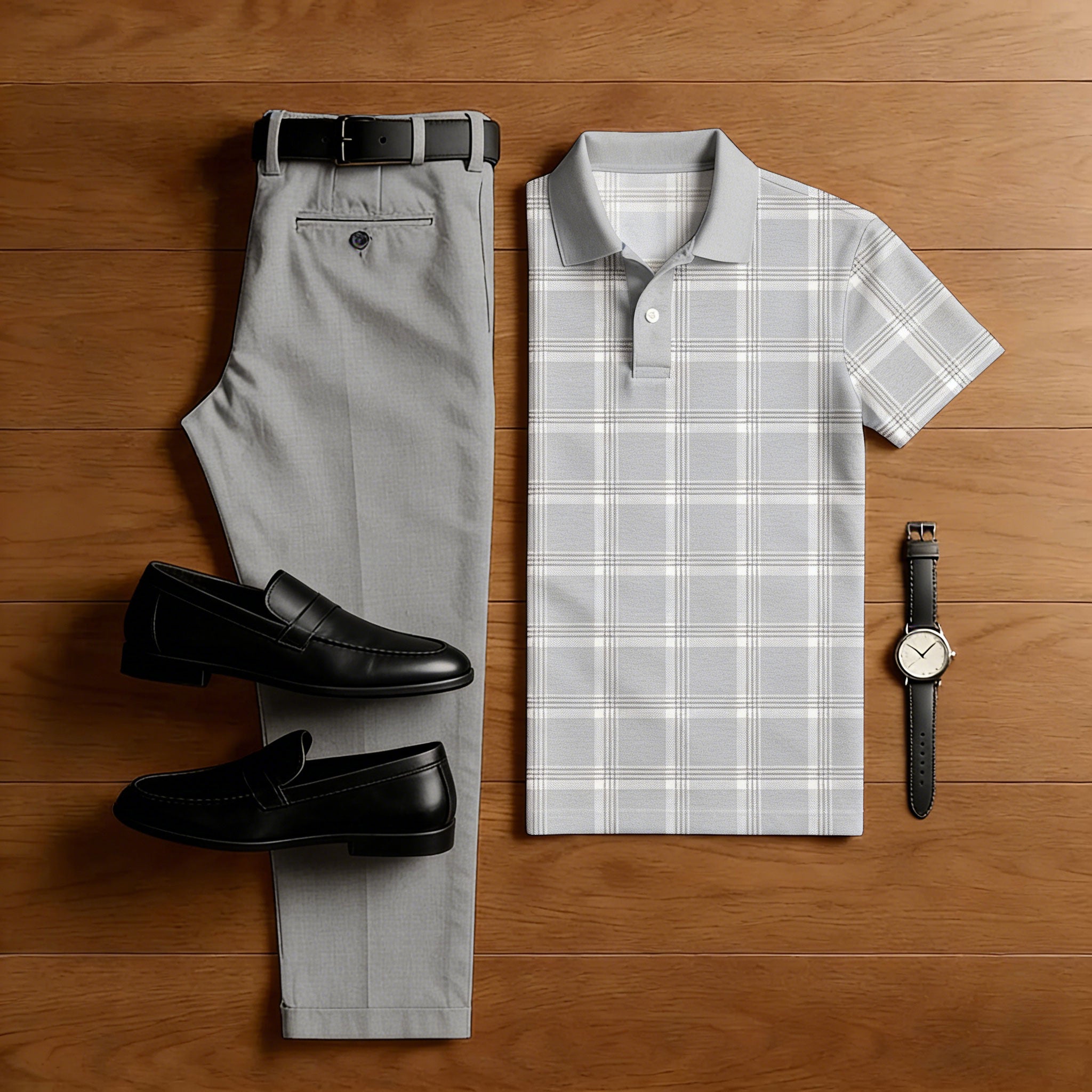 Men's Casual Gray Plaid Print Polo Shirt And Trousers Two-Piece Set