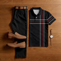 Men's Casual Black & Red Color Matching Checkered Printed Short Sleeved Polo Shirt & Trousers Two-Piece Set