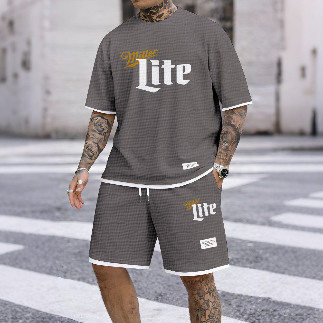 Men's Low-Calorie Beer Print Waffle Fabric Short-Sleeved Shirt And Shorts Set