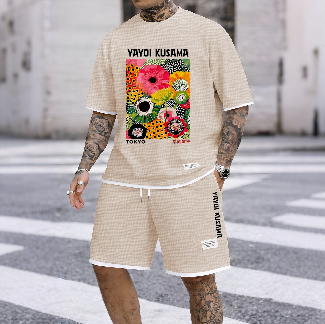 Men's Polka-Dot Flower Print Waffle Fabric Short-Sleeved Shirt And Shorts Set