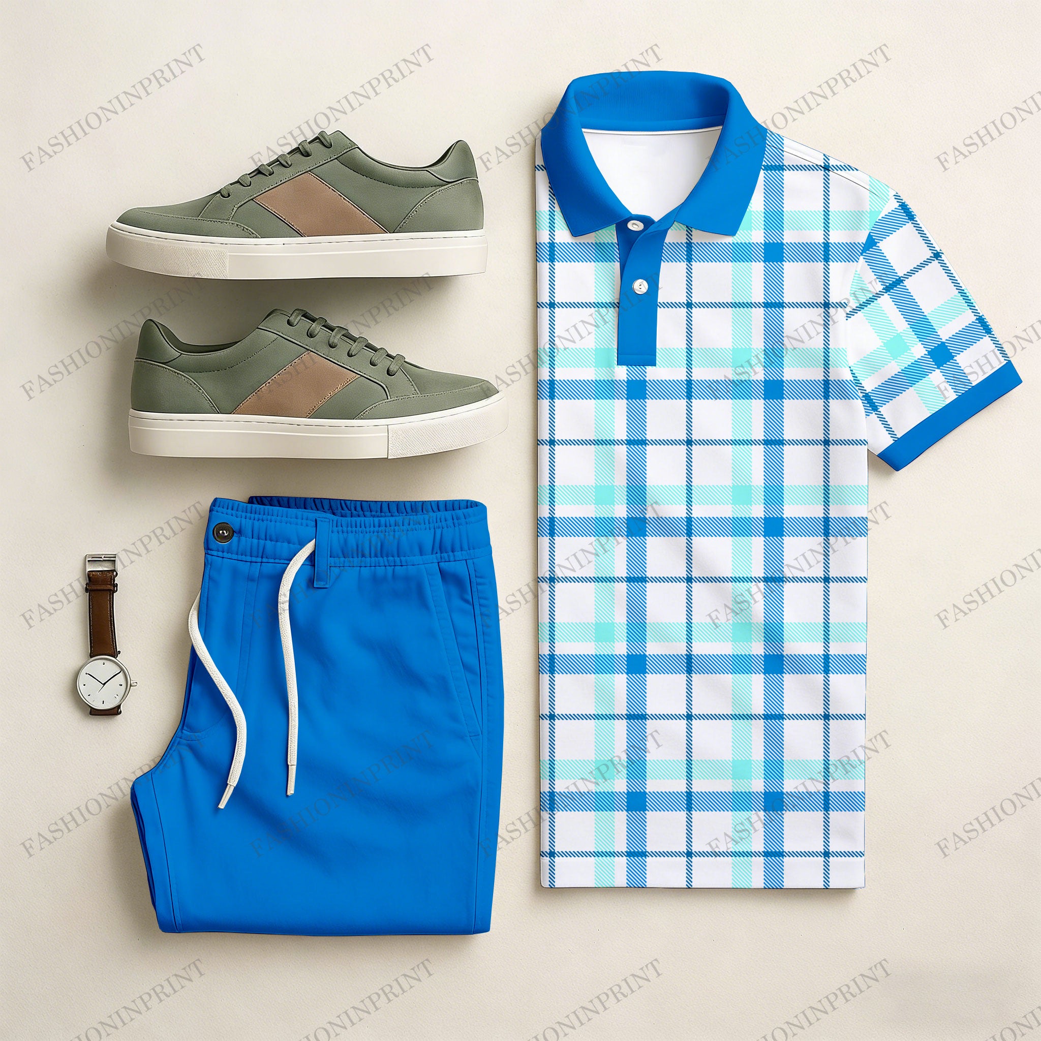 Men's Casual Blue & White Color Matching Checkered Printed Short Sleeved Polo Shirt & Trousers Two-Piece Set