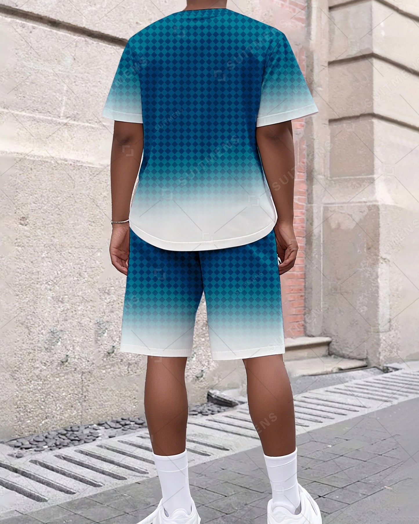 Men's Summer Colorblock Plaid Gradient Print Round Neck Suit 044