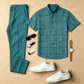 Men's Casual Dark Green Geometric Color-Blocked Printed Crew Neck Short-Sleeved Shirt And Trousers Two-Piece Set